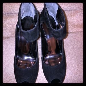 Peep toe, ankle strap suede wedges